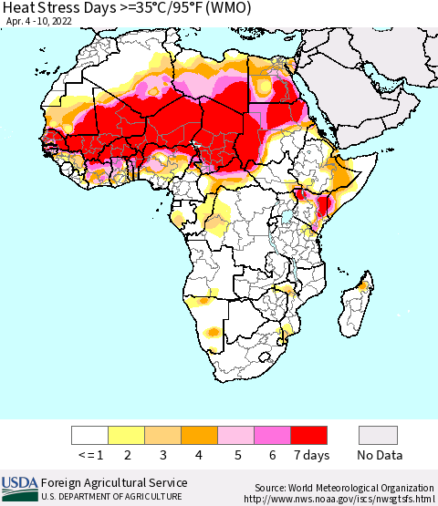 Africa Heat Stress Days >=35°C/95°F (WMO) Thematic Map For 4/4/2022 - 4/10/2022