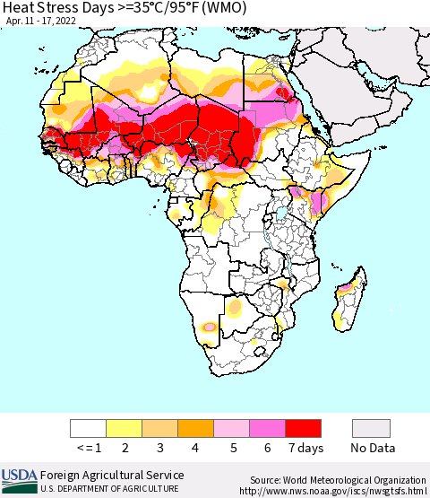 Africa Heat Stress Days >=35°C/95°F (WMO) Thematic Map For 4/11/2022 - 4/17/2022