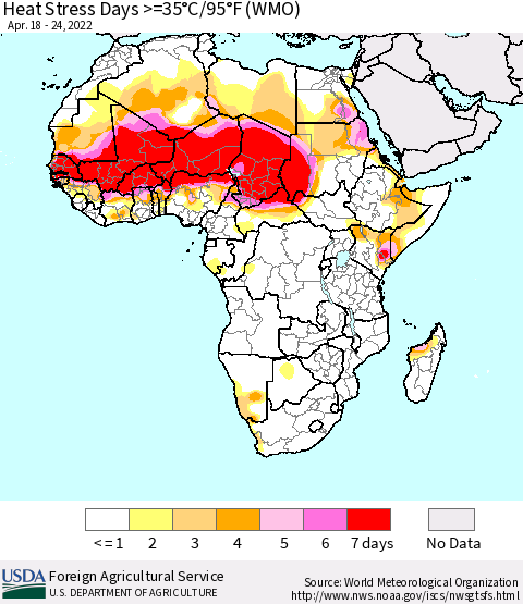 Africa Heat Stress Days >=35°C/95°F (WMO) Thematic Map For 4/18/2022 - 4/24/2022