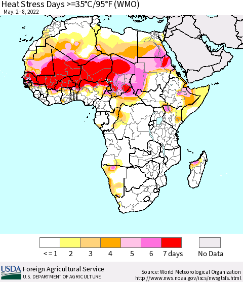 Africa Heat Stress Days >=35°C/95°F (WMO) Thematic Map For 5/2/2022 - 5/8/2022