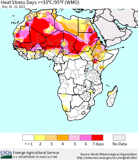 Africa Heat Stress Days >=35°C/95°F (WMO) Thematic Map For 5/16/2022 - 5/22/2022