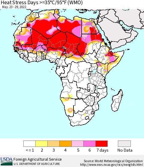 Africa Heat Stress Days >=35°C/95°F (WMO) Thematic Map For 5/23/2022 - 5/29/2022