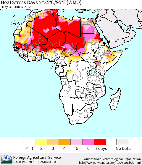 Africa Heat Stress Days >=35°C/95°F (WMO) Thematic Map For 5/30/2022 - 6/5/2022