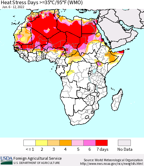 Africa Heat Stress Days >=35°C/95°F (WMO) Thematic Map For 6/6/2022 - 6/12/2022