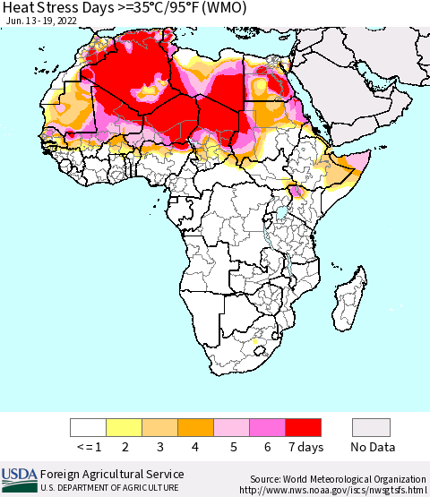 Africa Heat Stress Days >=35°C/95°F (WMO) Thematic Map For 6/13/2022 - 6/19/2022
