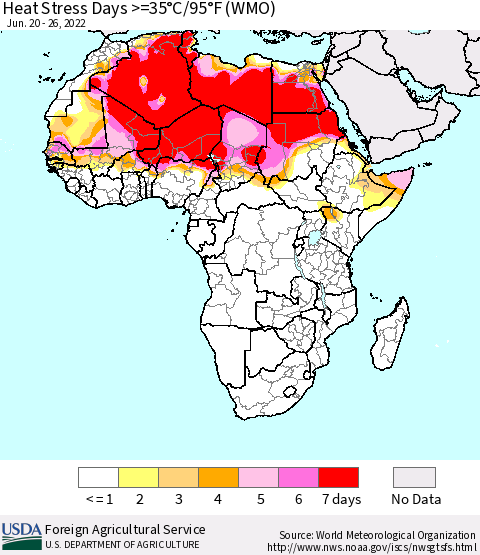 Africa Heat Stress Days >=35°C/95°F (WMO) Thematic Map For 6/20/2022 - 6/26/2022
