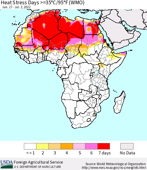 Africa Heat Stress Days >=35°C/95°F (WMO) Thematic Map For 6/27/2022 - 7/3/2022