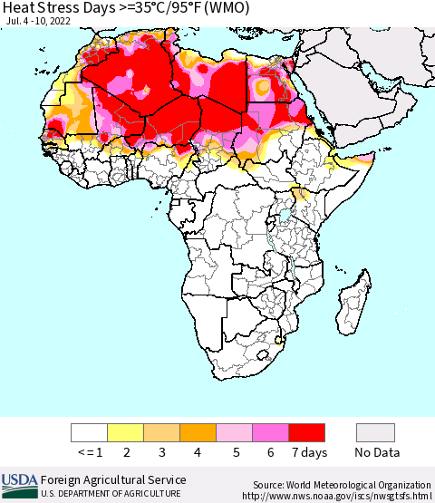 Africa Heat Stress Days >=35°C/95°F (WMO) Thematic Map For 7/4/2022 - 7/10/2022
