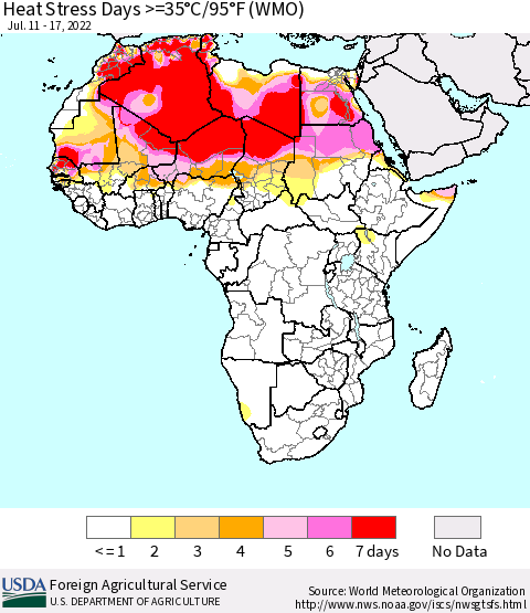 Africa Heat Stress Days >=35°C/95°F (WMO) Thematic Map For 7/11/2022 - 7/17/2022