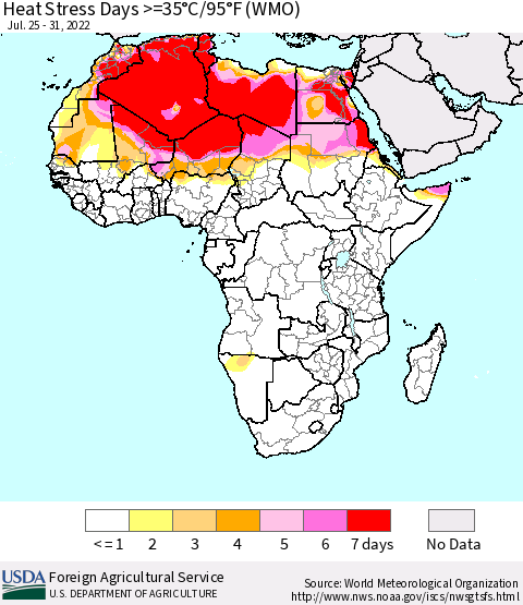 Africa Heat Stress Days >=35°C/95°F (WMO) Thematic Map For 7/25/2022 - 7/31/2022