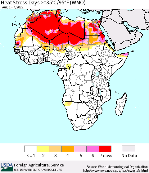 Africa Heat Stress Days >=35°C/95°F (WMO) Thematic Map For 8/1/2022 - 8/7/2022