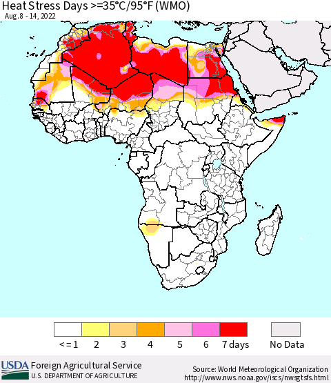 Africa Heat Stress Days >=35°C/95°F (WMO) Thematic Map For 8/8/2022 - 8/14/2022