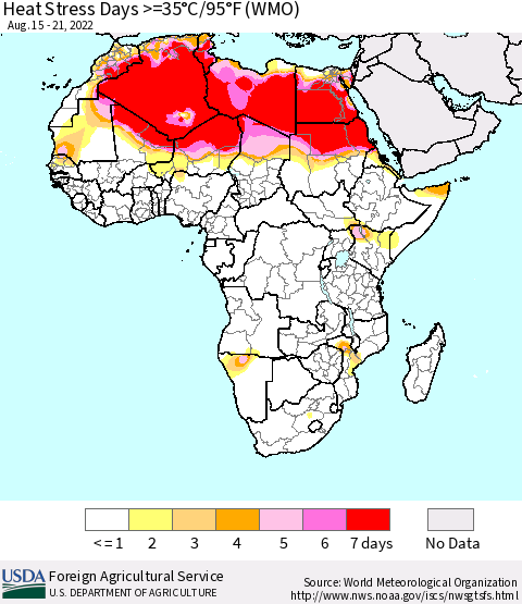 Africa Heat Stress Days >=35°C/95°F (WMO) Thematic Map For 8/15/2022 - 8/21/2022