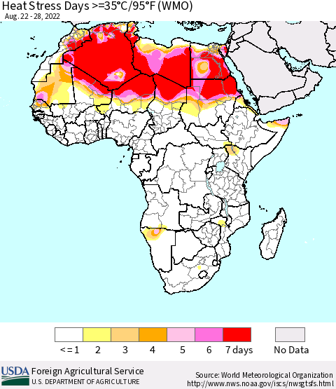 Africa Heat Stress Days >=35°C/95°F (WMO) Thematic Map For 8/22/2022 - 8/28/2022