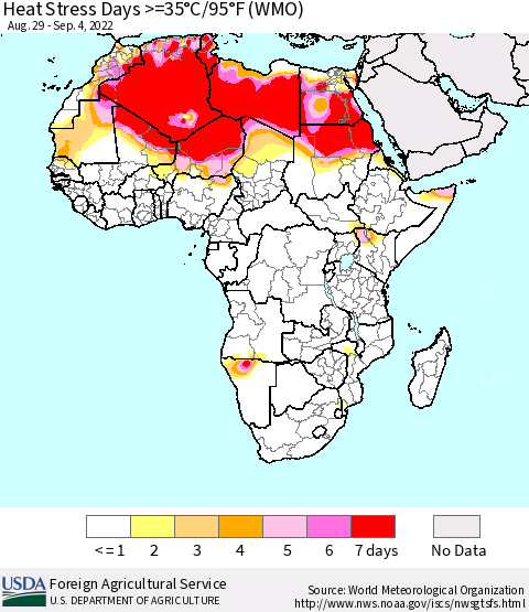 Africa Heat Stress Days >=35°C/95°F (WMO) Thematic Map For 8/29/2022 - 9/4/2022