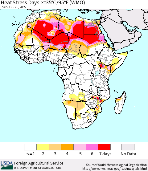 Africa Heat Stress Days >=35°C/95°F (WMO) Thematic Map For 9/19/2022 - 9/25/2022