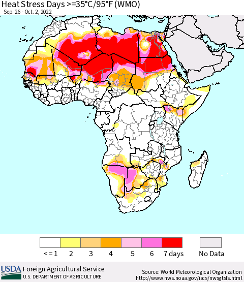 Africa Heat Stress Days >=35°C/95°F (WMO) Thematic Map For 9/26/2022 - 10/2/2022
