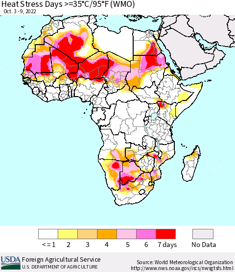 Africa Heat Stress Days >=35°C/95°F (WMO) Thematic Map For 10/3/2022 - 10/9/2022