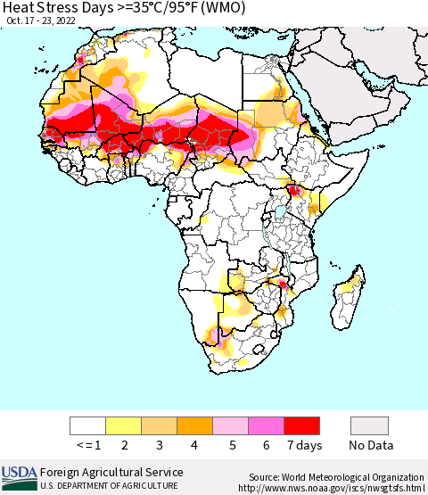 Africa Heat Stress Days >=35°C/95°F (WMO) Thematic Map For 10/17/2022 - 10/23/2022