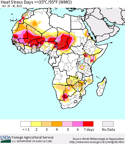 Africa Heat Stress Days >=35°C/95°F (WMO) Thematic Map For 10/24/2022 - 10/30/2022