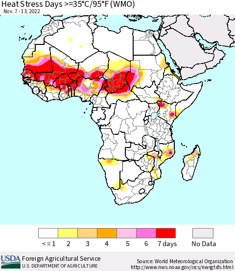Africa Heat Stress Days >=35°C/95°F (WMO) Thematic Map For 11/7/2022 - 11/13/2022
