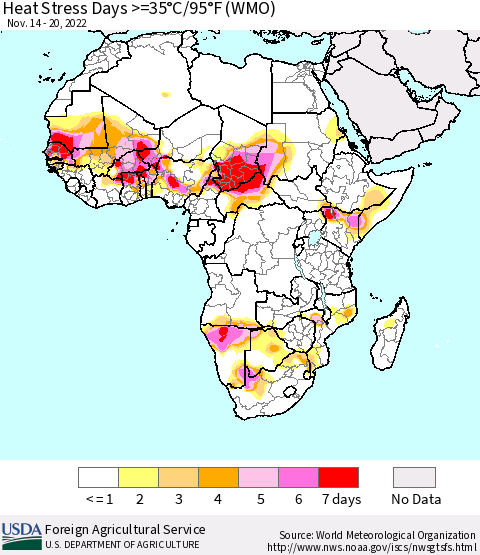 Africa Heat Stress Days >=35°C/95°F (WMO) Thematic Map For 11/14/2022 - 11/20/2022