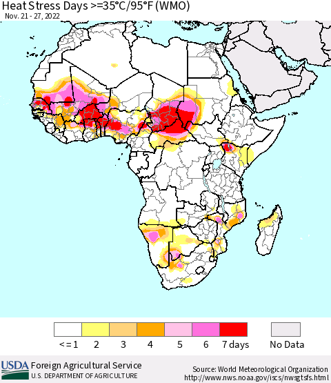 Africa Heat Stress Days >=35°C/95°F (WMO) Thematic Map For 11/21/2022 - 11/27/2022