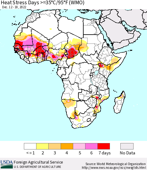 Africa Heat Stress Days >=35°C/95°F (WMO) Thematic Map For 12/12/2022 - 12/18/2022