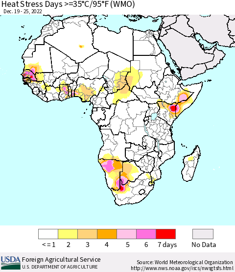 Africa Heat Stress Days >=35°C/95°F (WMO) Thematic Map For 12/19/2022 - 12/25/2022