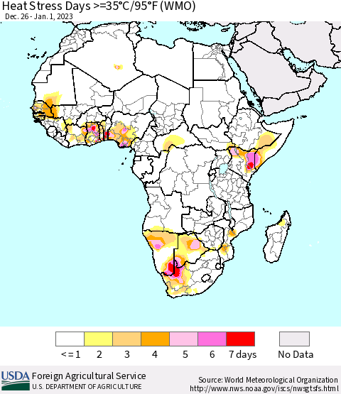 Africa Heat Stress Days >=35°C/95°F (WMO) Thematic Map For 12/26/2022 - 1/1/2023