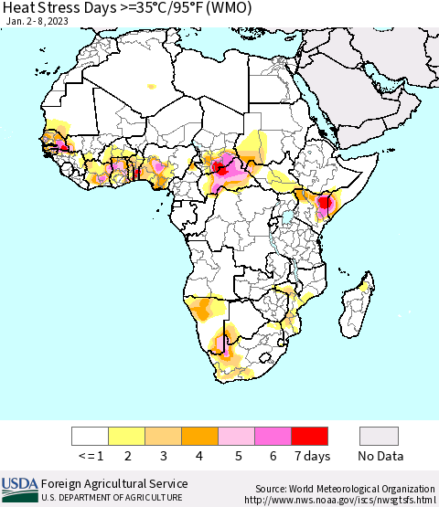 Africa Heat Stress Days >=35°C/95°F (WMO) Thematic Map For 1/2/2023 - 1/8/2023