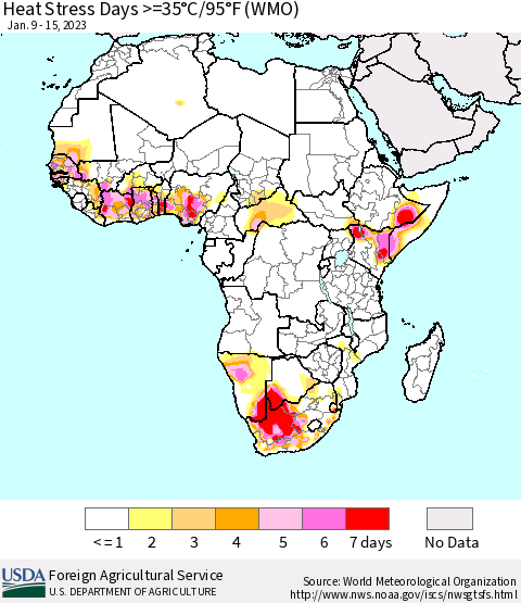 Africa Heat Stress Days >=35°C/95°F (WMO) Thematic Map For 1/9/2023 - 1/15/2023