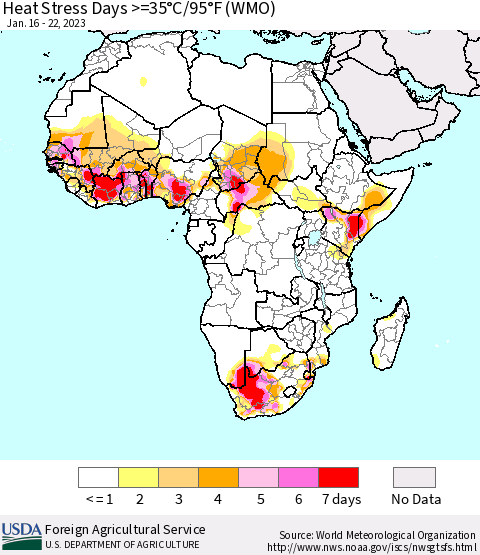 Africa Heat Stress Days >=35°C/95°F (WMO) Thematic Map For 1/16/2023 - 1/22/2023