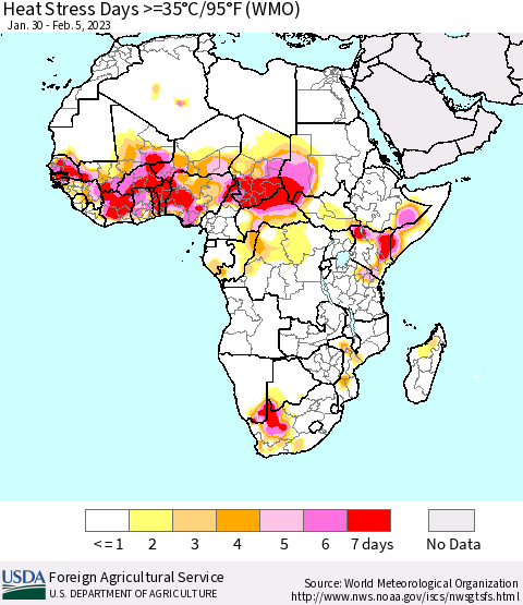 Africa Heat Stress Days >=35°C/95°F (WMO) Thematic Map For 1/30/2023 - 2/5/2023
