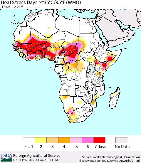 Africa Heat Stress Days >=35°C/95°F (WMO) Thematic Map For 2/6/2023 - 2/12/2023