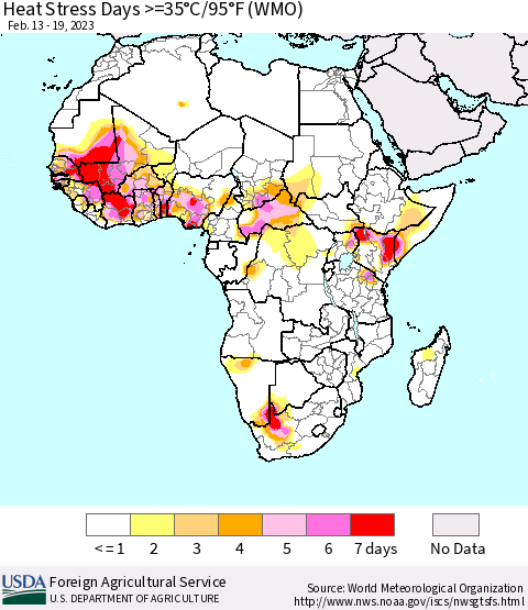 Africa Heat Stress Days >=35°C/95°F (WMO) Thematic Map For 2/13/2023 - 2/19/2023