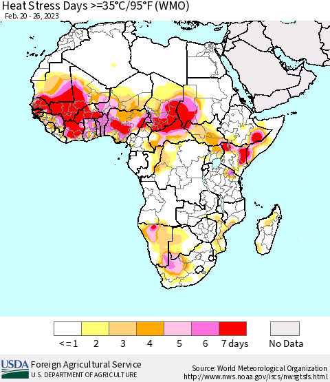 Africa Heat Stress Days >=35°C/95°F (WMO) Thematic Map For 2/20/2023 - 2/26/2023
