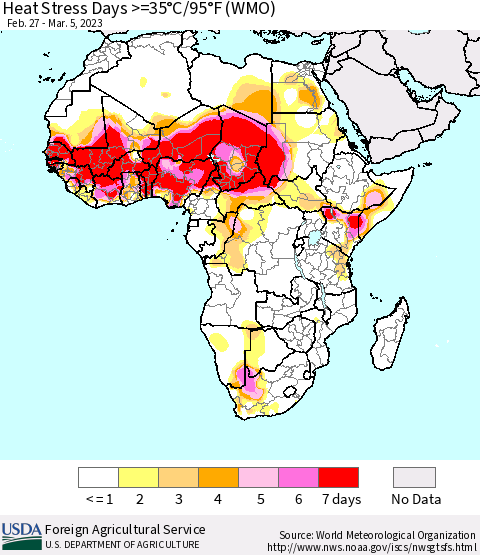 Africa Heat Stress Days >=35°C/95°F (WMO) Thematic Map For 2/27/2023 - 3/5/2023