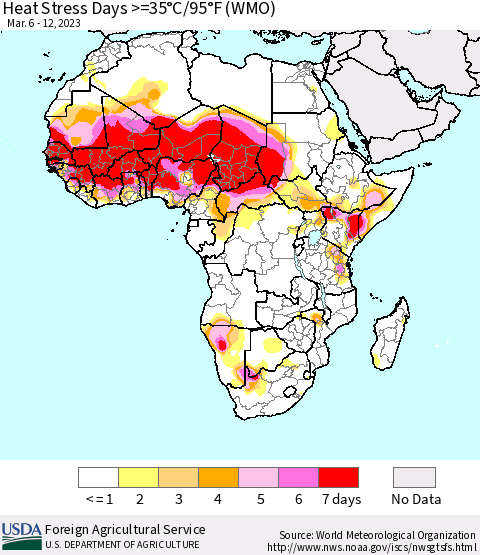 Africa Heat Stress Days >=35°C/95°F (WMO) Thematic Map For 3/6/2023 - 3/12/2023
