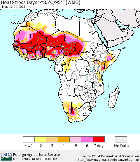 Africa Heat Stress Days >=35°C/95°F (WMO) Thematic Map For 3/13/2023 - 3/19/2023