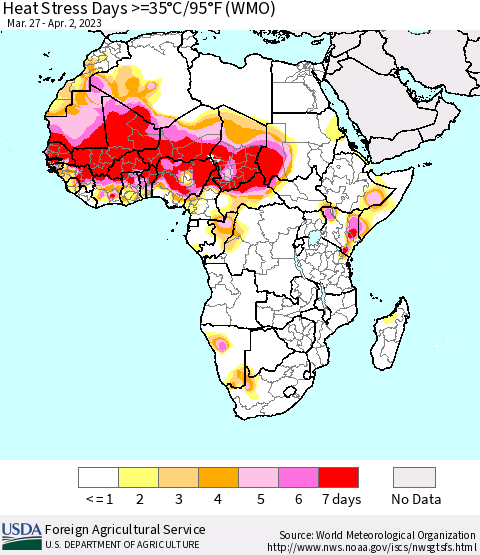 Africa Heat Stress Days >=35°C/95°F (WMO) Thematic Map For 3/27/2023 - 4/2/2023