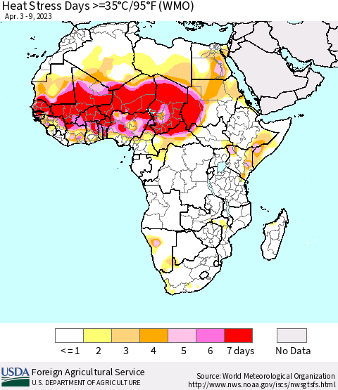 Africa Heat Stress Days >=35°C/95°F (WMO) Thematic Map For 4/3/2023 - 4/9/2023