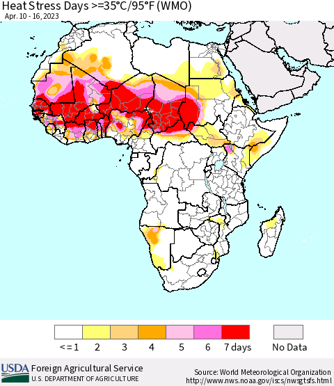 Africa Heat Stress Days >=35°C/95°F (WMO) Thematic Map For 4/10/2023 - 4/16/2023
