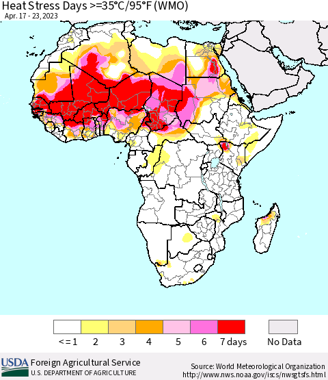 Africa Heat Stress Days >=35°C/95°F (WMO) Thematic Map For 4/17/2023 - 4/23/2023