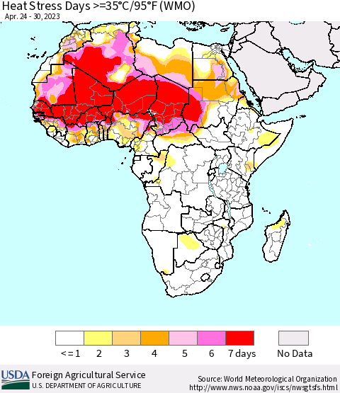 Africa Heat Stress Days >=35°C/95°F (WMO) Thematic Map For 4/24/2023 - 4/30/2023