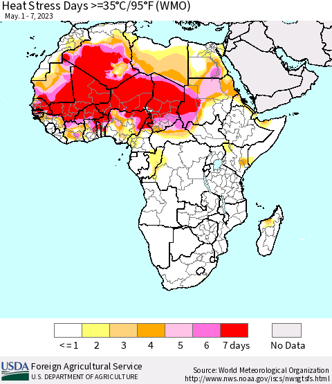 Africa Heat Stress Days >=35°C/95°F (WMO) Thematic Map For 5/1/2023 - 5/7/2023