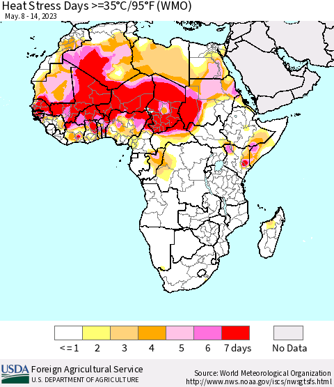 Africa Heat Stress Days >=35°C/95°F (WMO) Thematic Map For 5/8/2023 - 5/14/2023