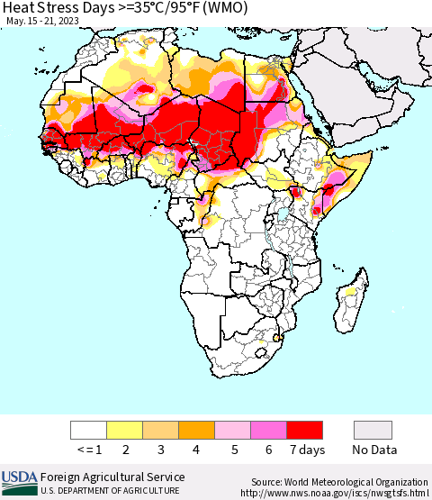 Africa Heat Stress Days >=35°C/95°F (WMO) Thematic Map For 5/15/2023 - 5/21/2023