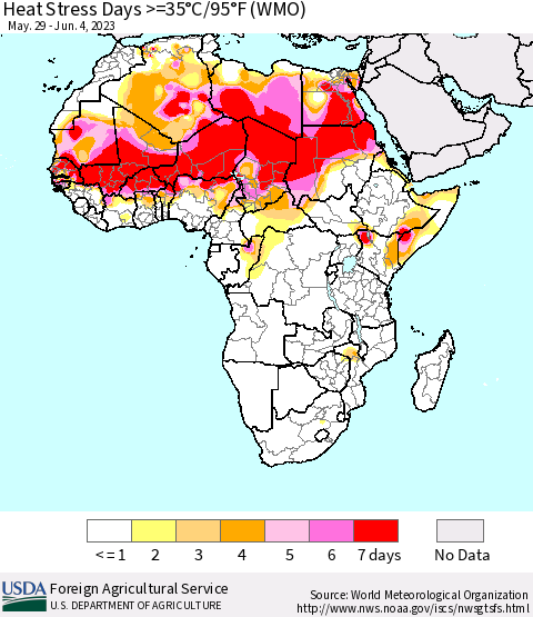 Africa Heat Stress Days >=35°C/95°F (WMO) Thematic Map For 5/29/2023 - 6/4/2023