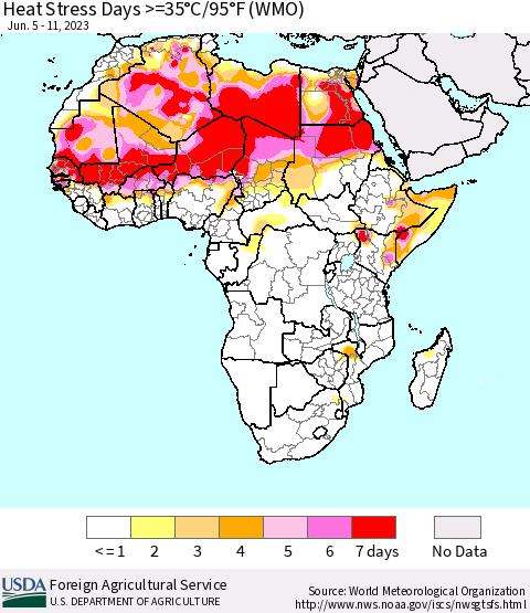 Africa Heat Stress Days >=35°C/95°F (WMO) Thematic Map For 6/5/2023 - 6/11/2023
